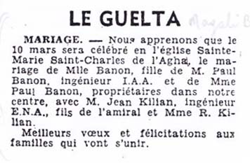 LE GUELTA - 10 Mars 1956
Mariage de Rose-Marie BANON
avec Jean KILIAN