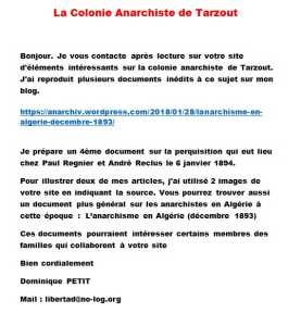    La Colonie Anarchiste de TARZOUT 

Dominique PETIT
Mail : libertad@no-log.org