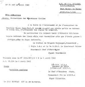 Note de service du 
Colonel BOURDANCLE
et du Chef d'Escadron STURM
le 4 Avril 1961
