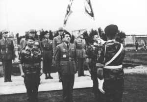 3 Mars 1958 
Colonel MAYER - MASSU - Colonel COUSTAUX
Passation de pouvoirs