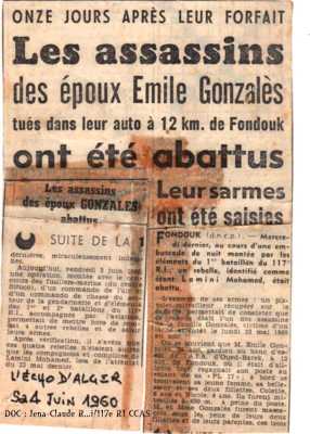 4 Juin 1960 - LE FONDOUK
Les assassins de la famille GONZALES
abattus par le 117eme RI