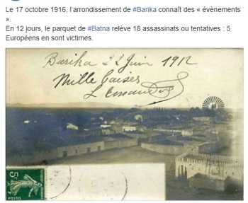 17 Octobre 1916
----
BARIKA : 18 assassinats ou tentatives