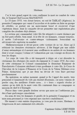 Sergent-Chef Lucien MANGENOT
Mort au combat le 18 Mars 1958
Un ancien de DIEN-BIEN-PHU