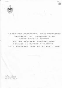 Photo-titre pour cet album: Liste des parachutistes du 18&egrave;me RCP tu&eacute;s en Alg&eacute;rie                Du 2 novembre 1954 au 30 avril 1961