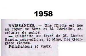 TENES - 1958
----
Naissance de ? BARTOLINI
au foyer de Fernand et Mme BARTOLINI

Naissance de Claudette BANON
au foyer de Georgette GOMEZ