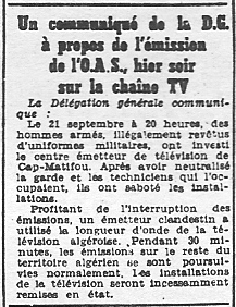 21 Septembre 1961
----
Emission pirates de l'OAS
sur la TV