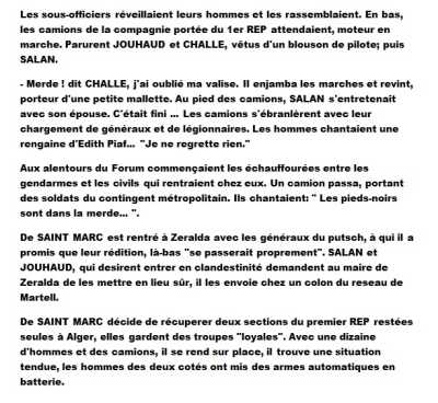 25 Avril 1961 (3)
---- 
Un camion du contingent passa 
en chantant une rengaine d'Edith PIAF :
"Les Pieds Noirs sont dans la merde ...
