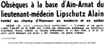 Lieutenant Alain LIPSCHUTZ 
Mort au Champ d'Honneur
le 12 Mai 1961