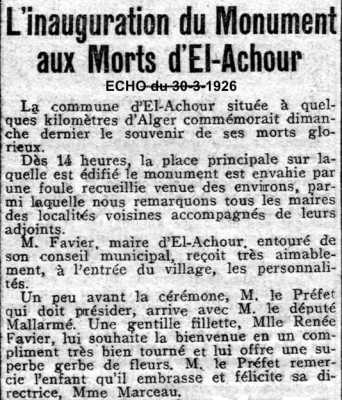 EL-ACHOUR 
1926 - Inauguration du Monument aux Morts
----
   Site Internet 
