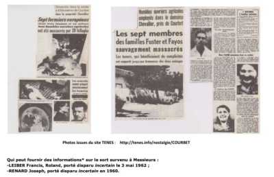 Le massacre des familles FUSTER et FAYOS
----
Francis LEIBER, disparu le 3 mai 1962
Joseph RENARD, disparu en 1960