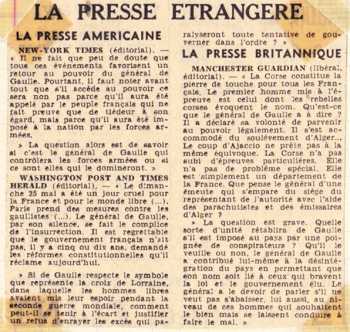 13 Mai 1958
La presse Anglo-Saxonne