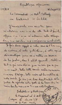 10 Octobre 1959
----
Lettre du Cdt Mohamed SULHADJ
au lieutenant SI SADDOCK